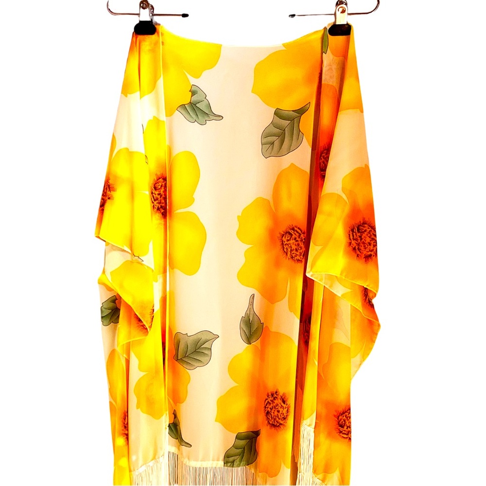 SAX® Boho Kimono Shawl – Yellow Floral with Fringe – 100% Polyester